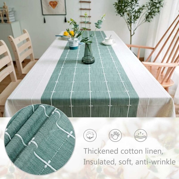 Rektangulär bordsduk i bomull och linne med rutmönster och broderade fransar - Bomulls- och linneduk för kök, matsal och dekoration (90x90cm, Grön)