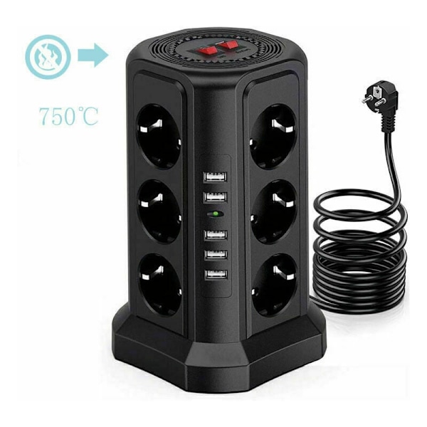 Surge og overspenningsvern strømbryter tårn, elektrisk strømbryter med 5 USB-porter og 12 stikkontakter, strømbryter med 3 brytere, svart