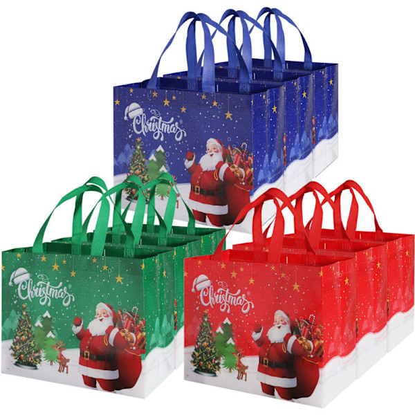 Sett med 9 store julegaveposer Gjenbrukbare julebæreposer med håndtak for gaver, shopping, festutstyr 3 farger 12,8 x 9,8 x 6,7 tommer