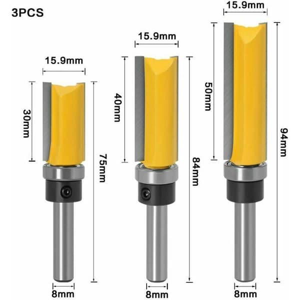 3 stk 8mm skaft flush trimmekutter, trimmekutter kopikutter med topplager, trebearbeidingsfreser