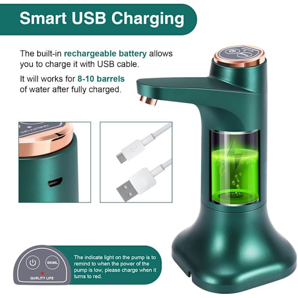 Elektrisk flaskpump med bas USB-dispenser Bärbar automatisk pump hinkflaska dispenser - Grön