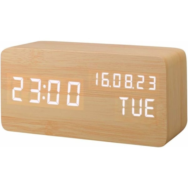 Kunstig tre LED-vekkerklokke, lydaktivert digital klokke, med temperatur/fuktighet/lysstyrke kalender batteri/USB-plugg