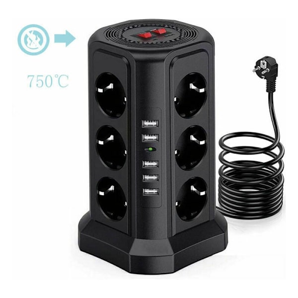 Surge ja ylijännitesuojattu virtapalkki - Sähkövirtapalkki 5 USB-portilla ja 12 pistorasialla, 3 kytkimellä - Musta väri.