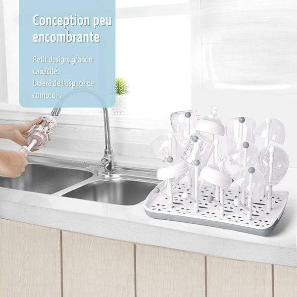 Babyflasketørker med avtakbar vannbrett, Ideell babytørker for flasker, smokker, kopper, pumpedeler og tilbehør (grå)