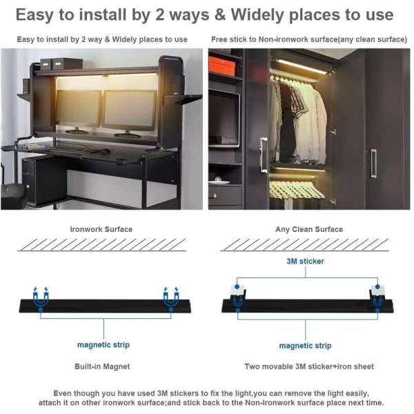 2 stk 69 LED-er skaplys trådløs USB oppladbar LED-stripe lys bevegelsessensor skaplys--