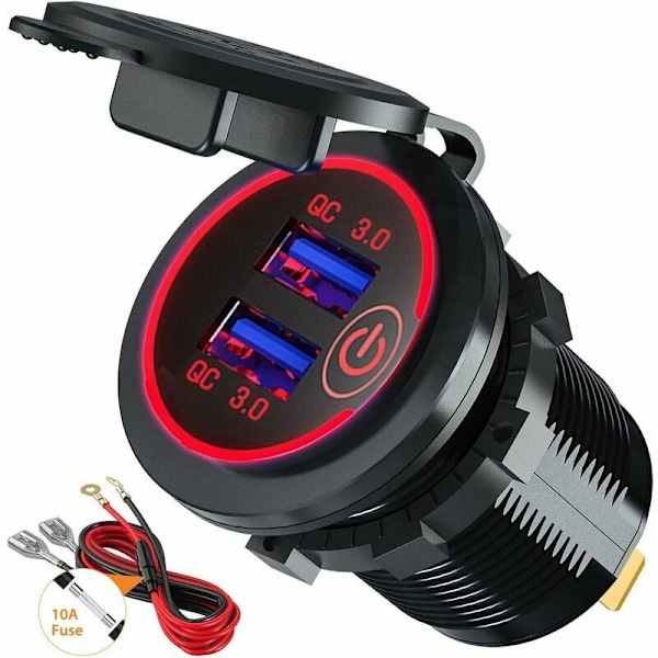 Hurtiglader 3.0 USB-bil hurtiglader-kontakt adapter med bryter 12V/24V 36W Dual QC3.0 USB for Marine, Båt, Motorsykkel, Lastebil (Rød)