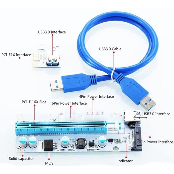 008S 1X til 16X VGA-kort forlængerkabel PCI-E DC-DC 60cm USB 3.0-kabel Riser-kort Riser-adapterkort til computer