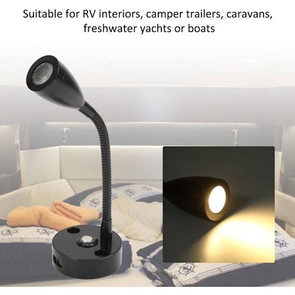 RV Leselys Flexible Hals 3 Farger Lys 1224V 3W USB Oppladbar Universal for Yachter Båter Svart