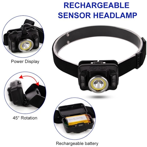 Superkraftfull COB + XTE LED-strålkastare Huvudlampa Kroppsrörelsesensor Huvudficklampa Campingficklampa