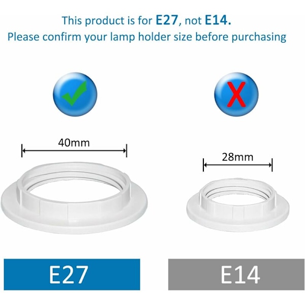 Hvid Plastik Lampearmatur Reducer Ring E27 40MM, Lampearmatur Tilbehørsring Adapter Konverter Plade, E27 Lampearmatur Reducer Ring til Bordlampe, Loft