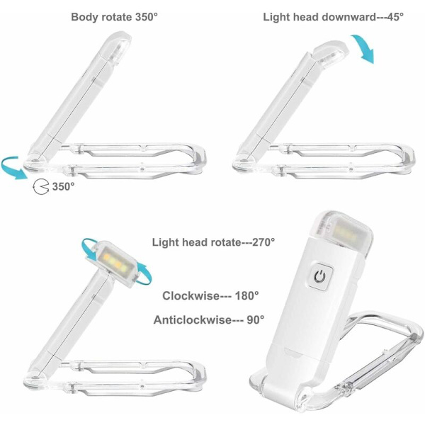 USB-latautuva lukulamppu, LED-lukuvalot lukemiseen sängyssä, kiinnitettävä, 3 kirkkaustasoa, säädettävä, taitettava mini-kiinnikkelampa