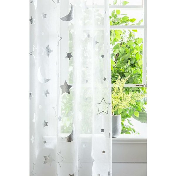 Stjerner og måne mønster gennemsigtige voile gardiner til vinduesdekoration, stanglommegardiner og draperinger til soveværelse, kontor, stue, sølv, 2 paneler