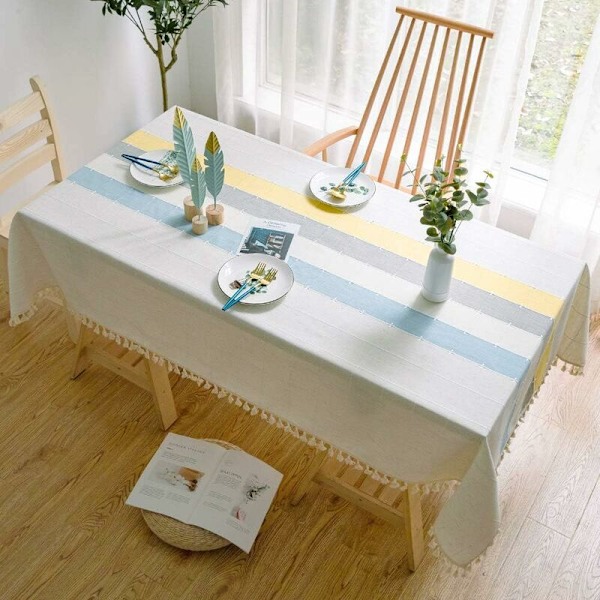Rektangulär bordsduk i bomull och linne, enfärgad rutig broderi med fransar, bomulls- och linneduk för kök, matbord, dekoration (140x260cm, blå