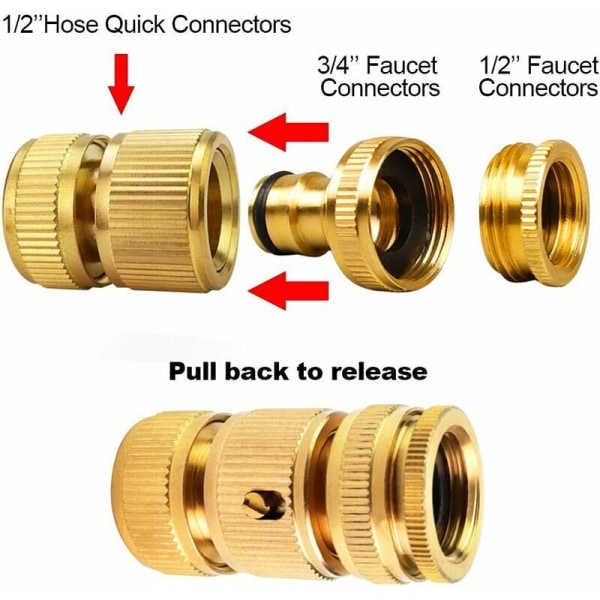 Sett med 4 hurtigkoblinger for hageslange i messing - Koblinger for hageslange og kran i messing - Koblinger for kraner med 1/2 og 3/4 utvendig gjenger