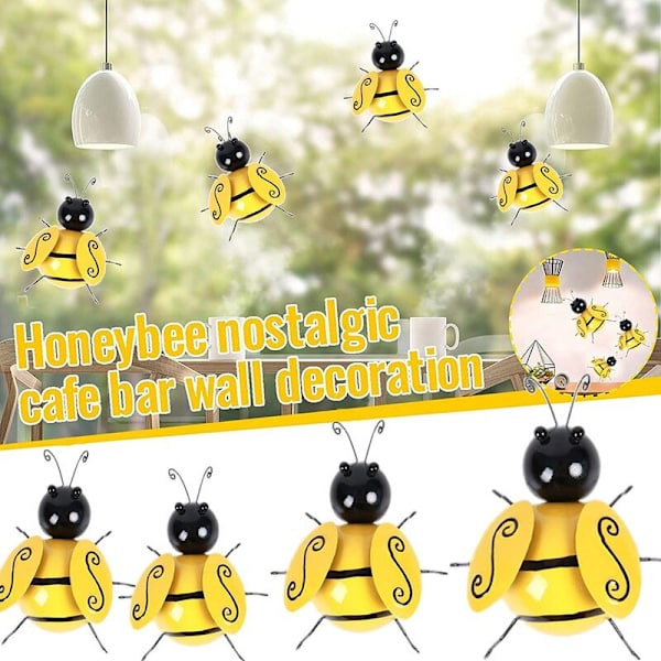 Kimalaisaiset koristeet, puutarhakoristeet seinätaide Mehiläinen 3D-veistoskoristeet, ulkoilma nurmikko kimalaisaiset koristeet (4 kappaleen sarja)