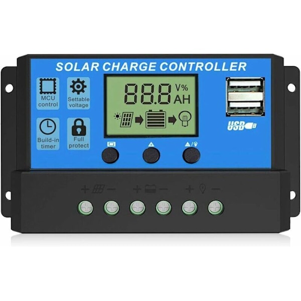 Solcelleladningsregulator, Dobbelt USB-porte Intelligent Solpanel Batteriregulator, Multifunktionel Justerbar LCD-skærm Gadelysregulator