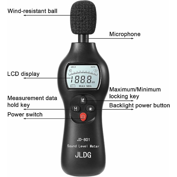 Ljudnivåmätare, 30-130dB Digital ljudnivåmätare med Max/Min/Realtidsdata Hold-funktion, Professionell högprecisionsdecibelmätare