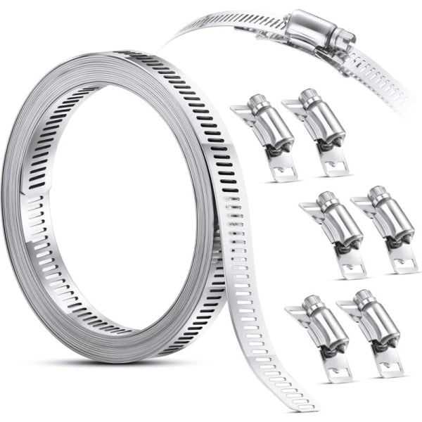 Hose Clamp Steel Worm Clamp, Strap Hose Clamp with Ties, 304 Stainless Steel Clamps Adjustable Screw Hose Clamp (7 Pieces, 8 Feet)