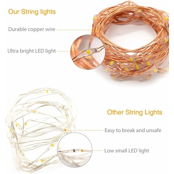 Fejelyse, 10M 100LED Lysstreng Batteridrevet Mini Led Indendørs til Soveværelse Jul Bryllup Fest Hjem Have, Varmt Hvid (1 stk)