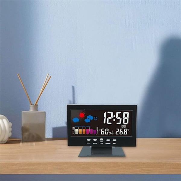 Färgskärm Bordsklocka med Temperatur & Luftfuktighet, Väderprognoser Icke-LCD Bakgrundsbelyst Alarmklocka Ljud