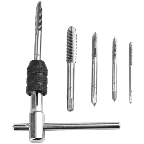 5-pack metriska handgängade spiraltappar, sortiment M3 M4 M5 M6 M8 med 1 st justerbar skiftnyckel, gängtappningssats i stål med vänster T-vridning för insättning