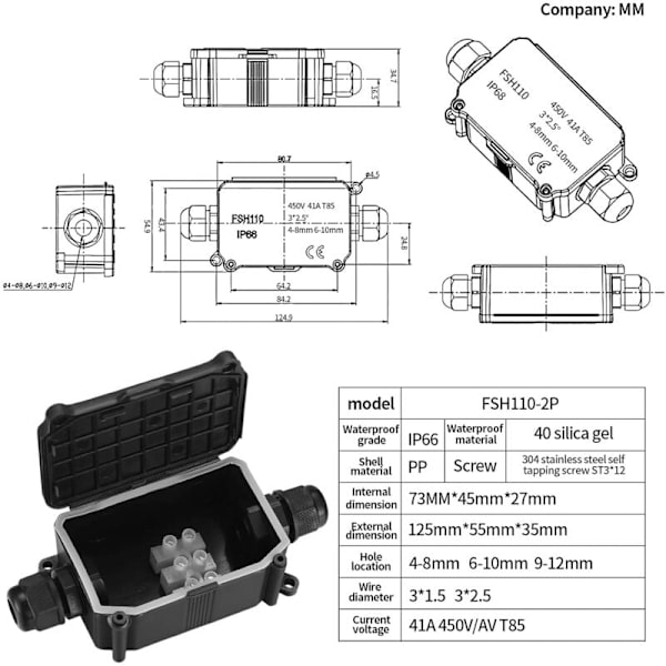 4 kpl IP66 vedenpitäviä liitäntälaatikoita, ulkokäyttöön tarkoitettu vedenpitävä liitäntälaatikko, 2-tie kaapeliliitin PG9 liitännät 3-8 mm / 6 mm-10 mm kaapeleille