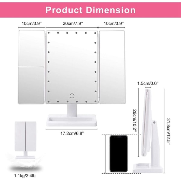 Kolmiosainen meikkilamppu 22 LED-valolla, 10x/3x/2x suurennos, kannettava valaistu pöytäpeili, valkoinen