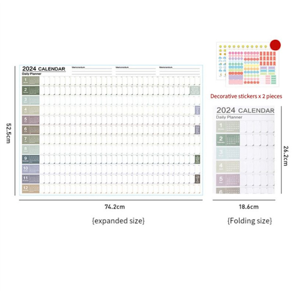 3 st 2024-kalender - Väggkalender 2024, 365 dagars affisch Vikbar kalender för skola, hemmakontor 29,2 x 20,7 tum