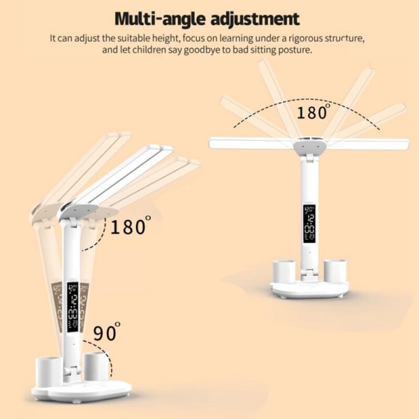 USB LED-skrivbordslampa dimbar touch hopfällbar bordslampa med kalender temperaturklocka nattlampa för studier läslampa