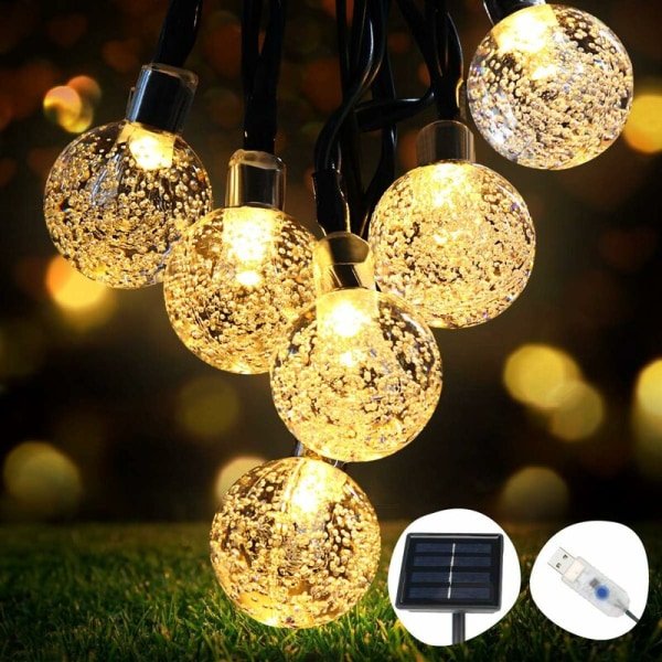 Solar String Lights, Fairy Lights 50 LED Crystal Balls IP65 vedenpitävä, extra USB liitin, 8 valotilaa koristeellinen sisällä ja ulkona, koti/puutarha