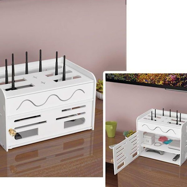 Hængende og stående router opbevaringsboks Vaskbar Wifi Router Skab Flip Låg Router Stativ Dekorativ Træ Router Boks Skjult Boks til Kabel TV Væggen