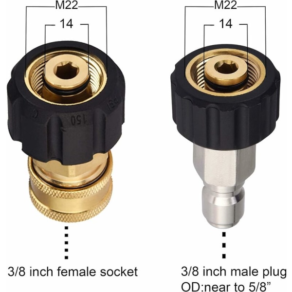 Trykkvaskerslange-adaptersett M22 til 3/8 Hurtigkobling for trykkvaskerslange, 5000 PSI