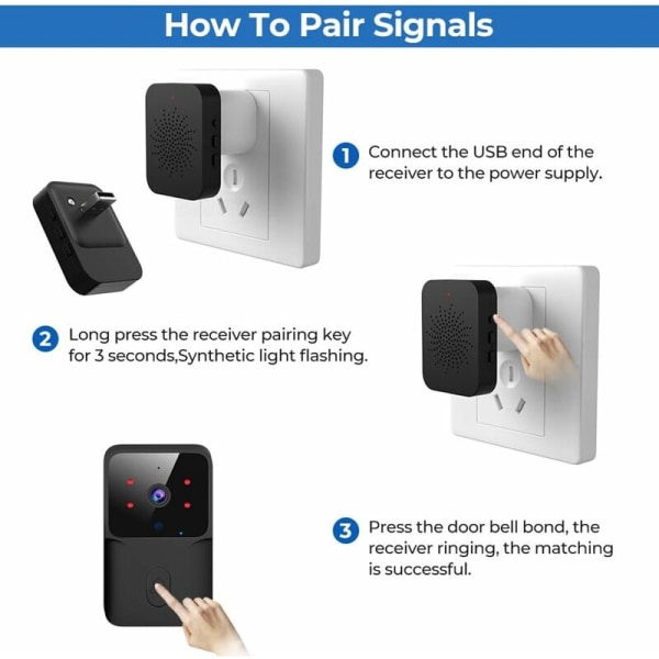 DoorDefender, trådlös videodörrklocka med kamera, WiFi smart videodörrklocka, smart videodörrklocka, trådlös smart videodörrklocka med chime (svart-