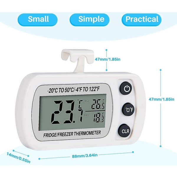 2 kpl jääkaapin pakastinlämpömittaria Frigidaire digitaalinen lämpötila -20 - 50 °C koukulla, helppo lukea LCD-näyttö, Max Min -tallennustoiminto (Whi