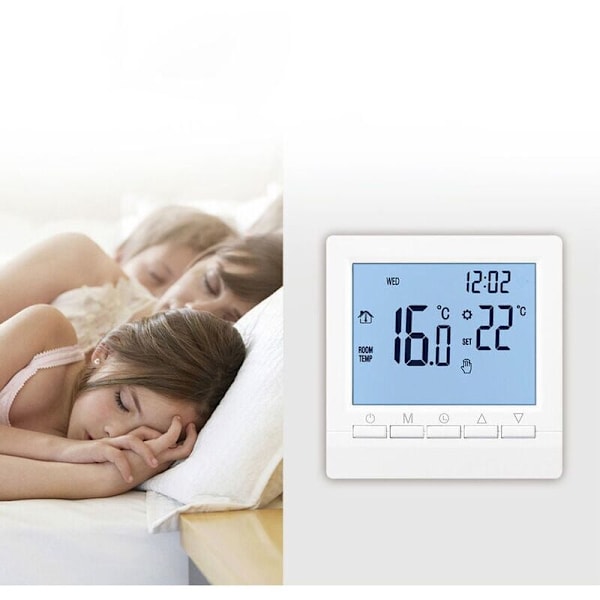 Smart väggtermostat med LCD-display för golvvärme - Blå bakgrundsbelysning.