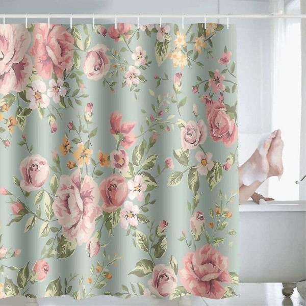 Rosa dusjforheng med 12 kroker, grønn, vanntett, mugg-resistent stoffgardin for baderom 180x180cm