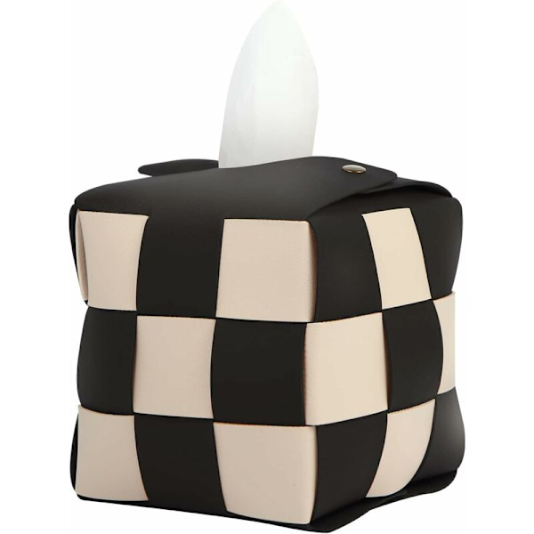 Vævæskeskrin Cover, Kvadratisk Vævæskeskrin Holder, Moderne Vævet PU Læder, Elegant Ternet Design, til Stue, Dekorativ Hylde, Badeværelse (Sort