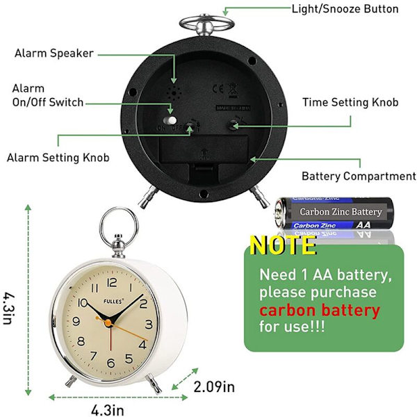 Analog väckarklocka utan tickande ljud med nattlampa, retro tyst väckarklocka, minidriven batteridriven klocka för barnrum B