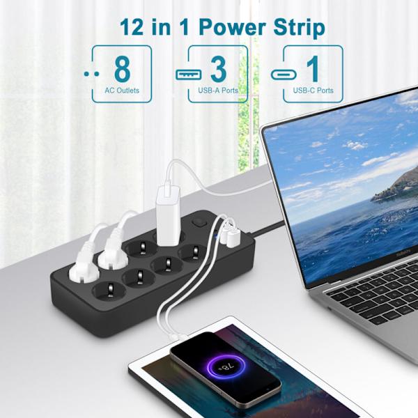 Euro-pistokkeellinen jatkojohto, 8 pistorasiaa, mukaan lukien USB-portti, älykäs pistorasia, kotitoimiston virtajohto ja liukuva jatkojohto