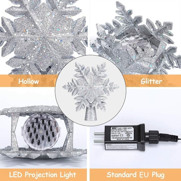 Stjerne Juletre med Hvit Snøflagg LED-Projektorlampe, 3D Roterende Stjerne Juletrelys for Juletre Toppdekorasjon, EU-Plugg