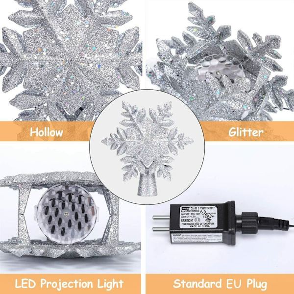Tähti Joulukuusi Valkoisella Lumihiutale LED-Projektorilampulla, 3D Pyörivä Tähti Joulukuusivalo Joulukuusen Huippukoristeeksi, EU-Pistoke
