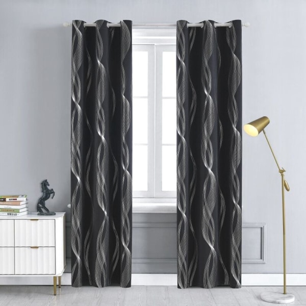 Blackout-gardiner 52 x 84 tommer 2 paneler Termisk isolerte ringgardiner, Svart