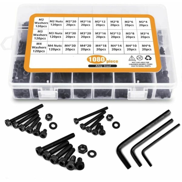 1080PCS M2 M3 M4 Karbonstål Sekskant Knapp Sokkelhode Kabelbolter Skruer med Muttere Assortert (Svart)