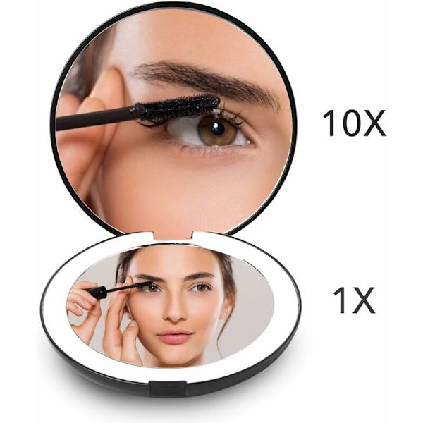 Kompakt Handväska Spegel, Snedvridningsfri Resespegel, 1x och 10x Förstoring för Åldrande Ögon, Ögonmakeup Applicering, Svart