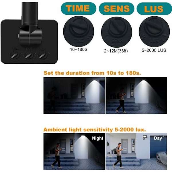 LED-Utomhusbelysning med rörelsesensor - 10W, 3000K IP66 Vattentät LED-Spotlight - Utomhus för Trädgård, Garage, Innergård - Varmvit, 10 Watt