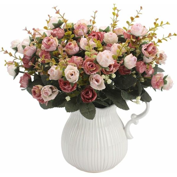 Konstgjord bukett med konstgjorda rosor, 7 stjälkar, 21 blommor, sidenblommor, idealisk som dekoration 2 stycken kafferos