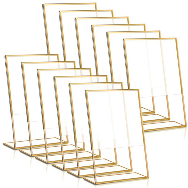 12 stk Akryl Gullramme Bryllups Skilt Holder Bordnummer Holder Skrå Meny Dobbeltsidig Stativ, 4X6 Tommer Vertikal