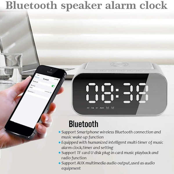 Väckarklocka med trådlös laddning, radio Bluetooth-högtalare med digital klocka för hemmet med USB-port, stor spegel LED-display