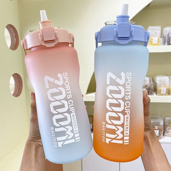 2000 ml stor dricksflaska med tidsmarkör giftfri läckagesäker sportflaska med sugrör-C