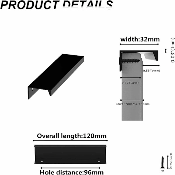 10 stk. sorte håndtak i sort aluminiumlegering - usynlige håndtak i sort til kjøkkenmøbler - matte sorte møbelhåndtak i aluminiumlegering